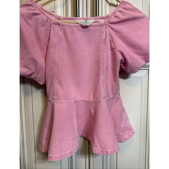 H&M Girls Denim Look Puff Sleeve Square Neck Peplum Blouse Light Pink Size 8-10 - Picture 7 of 7